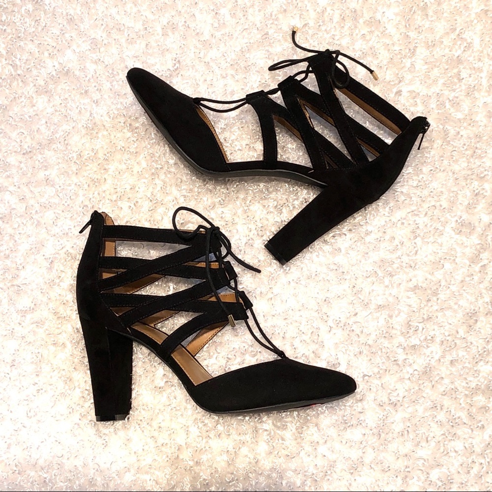 Black Suede Strappy Heels Shoes Chunk Heel Sz 11